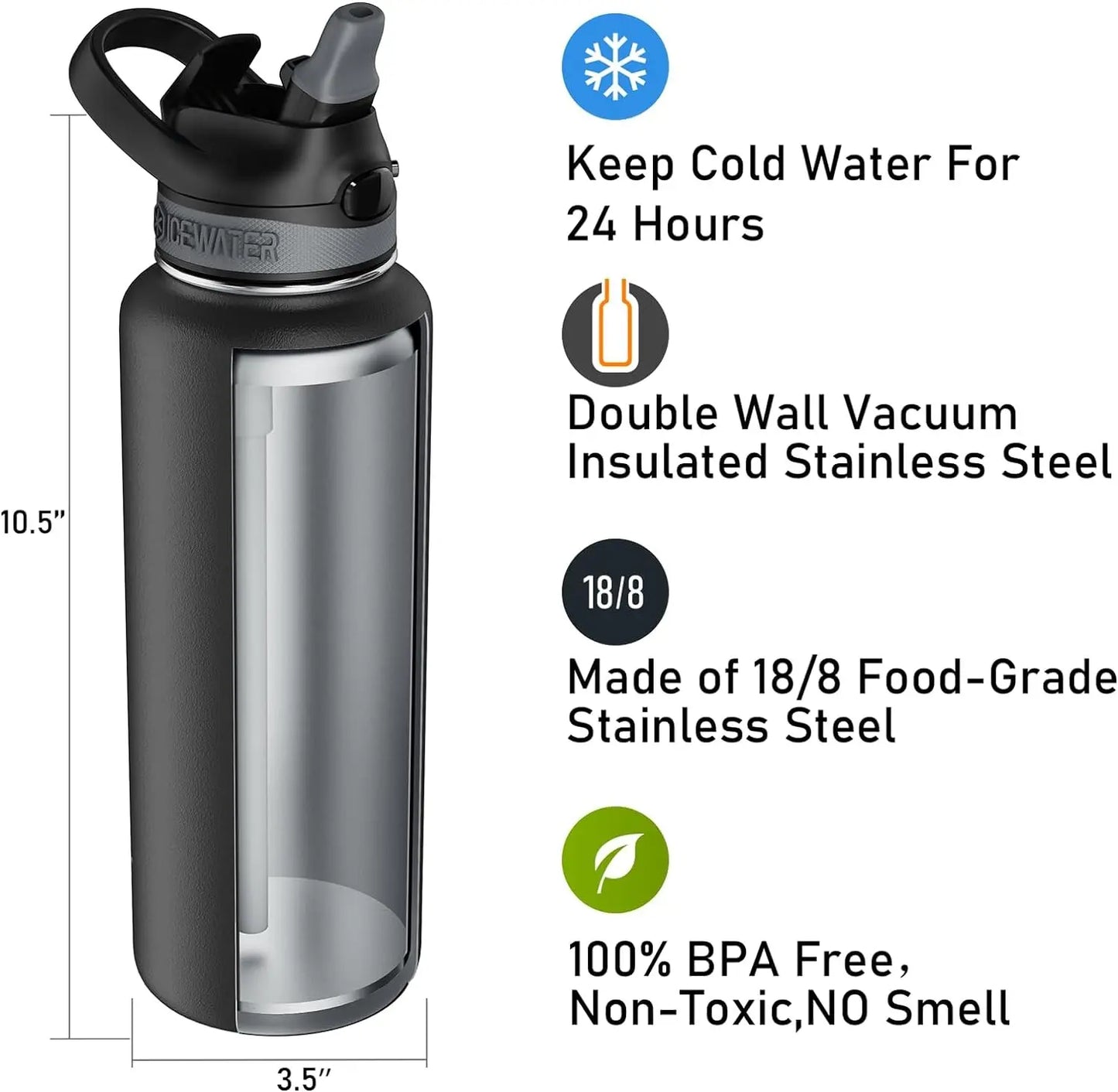 24 Oz, Insulated Water Bottle with Auto Straw Lid and Carry Handle, Leakproof Lockable Lid with Soft Silicone Spout, One-Hand Operation, Vacuum Stainless Steel, Bpa-Free (7 Colors)