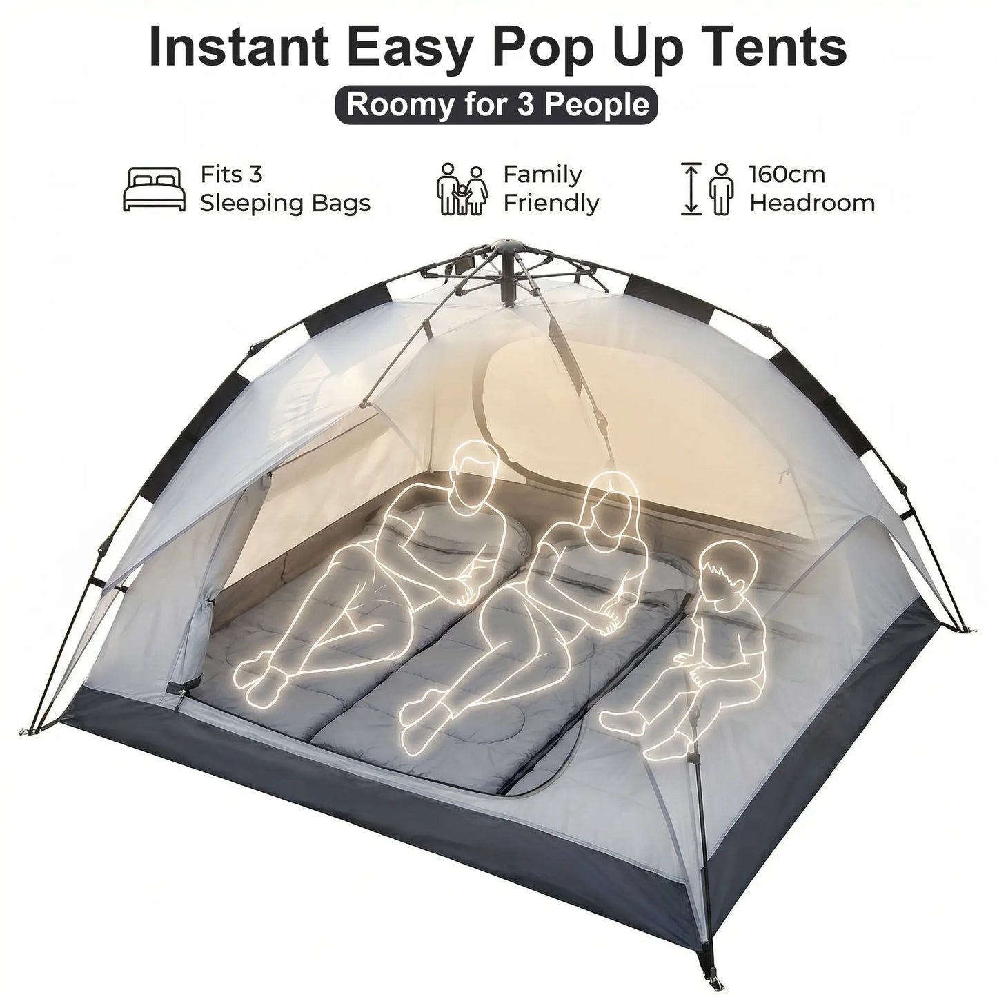 3 Person Tents for Camping Automatic Pop up Easy Set up Portable Windproof & Waterproof Family Outdoor Traveling